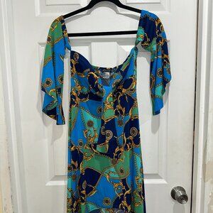 Venus Small Blue & Teal Baroque Print Tie-Front Dress | 3/4 Sleeve High-Low